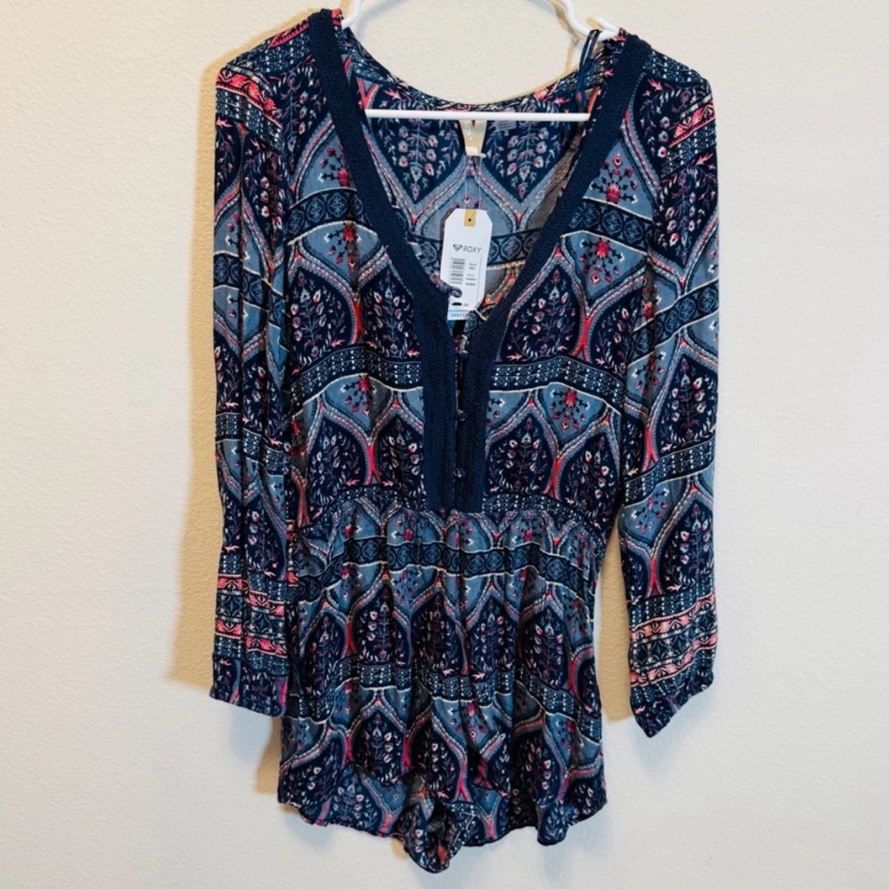 Roxy Long Sleeve Romper - Blue and Pink Pattern